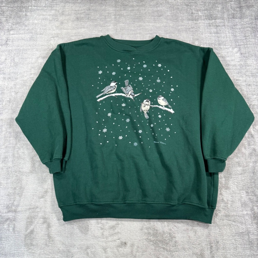Vintage Weekend Edition Sweatshirt Womens XL Green Bird Graphic Winter Pullover
